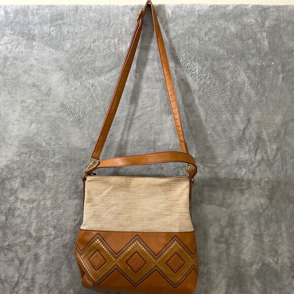 Fossil Amelia Hobo Linen /Faux Leather Shoulder Bag two different lengths straps - Picture 3 of 14